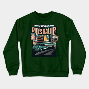 A graphic that captures the vintage vibe of a classic road trip, complete with iconic roadside attractions and retro typography. Crewneck Sweatshirt